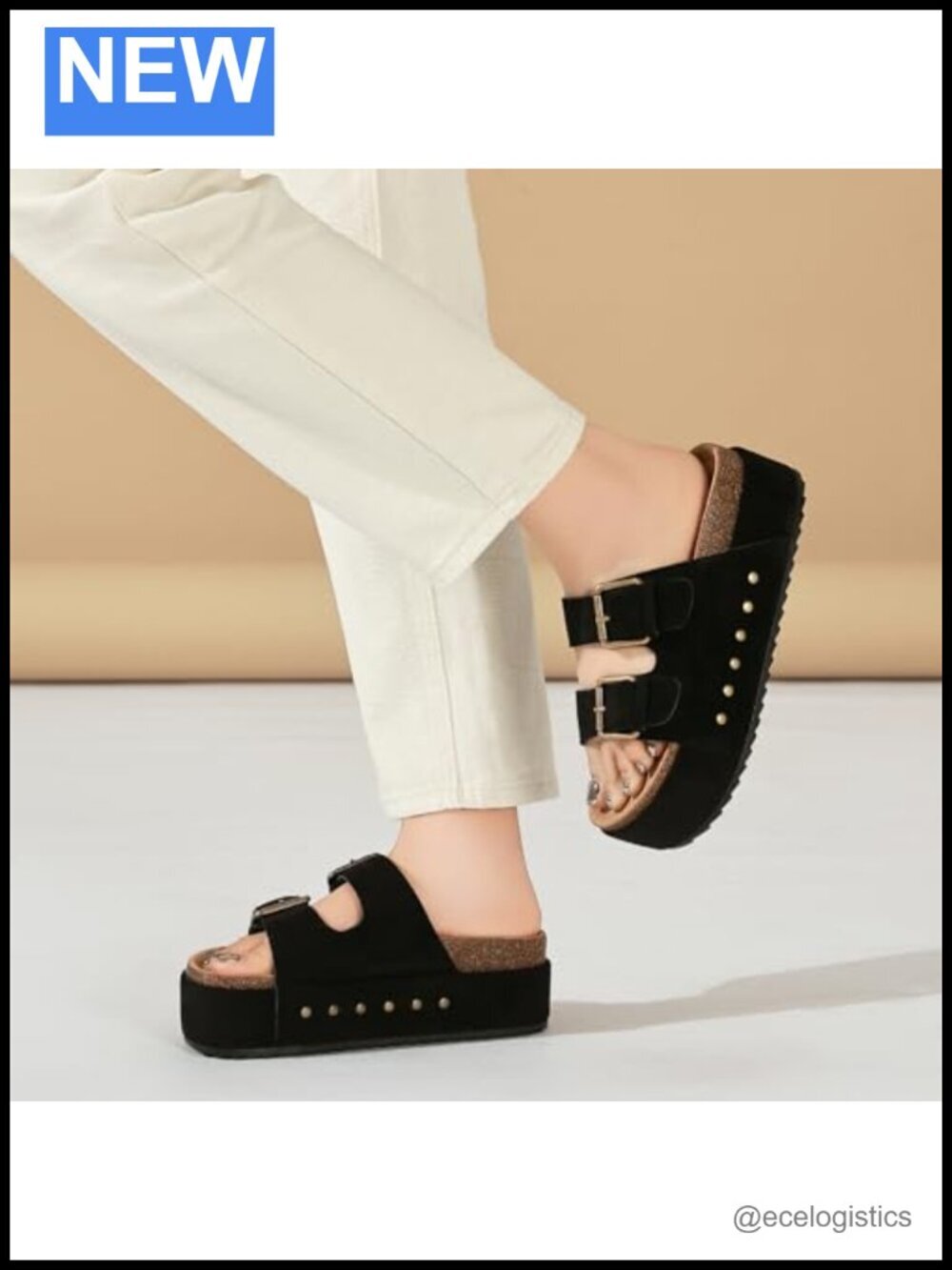 Platform Clogs Sandals Cork Footbed Double Buckles Summer Slides Mules Comfort